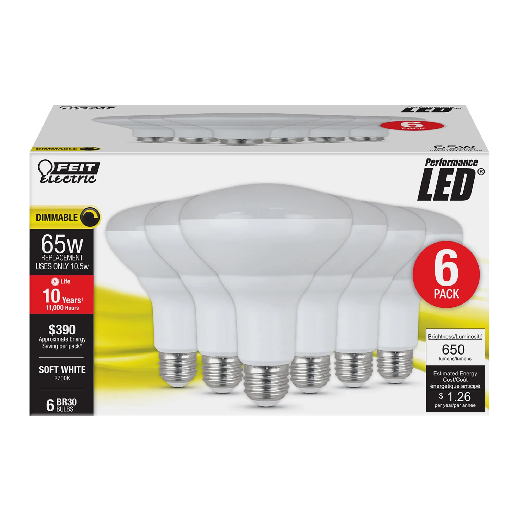 10.5W (65W Replacement) Soft White (2700K) BR30 Dimmable Reflector LED Light Bulb (6-Pack)