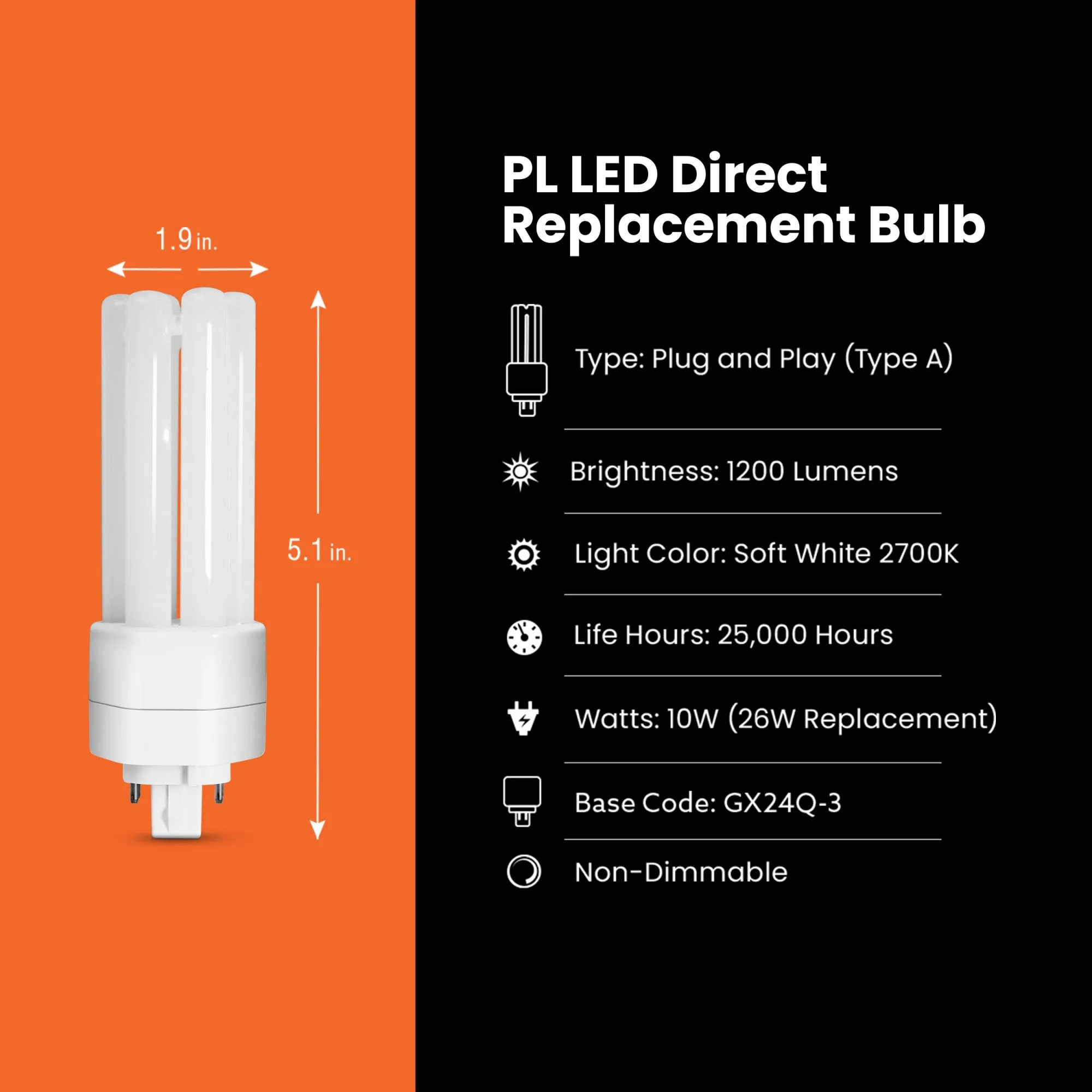 10W (26W Equivalent) Soft White (2700K) GX24q-3 Base Direct Replacement (Type A) Triple Tube PL LED Light Bulb