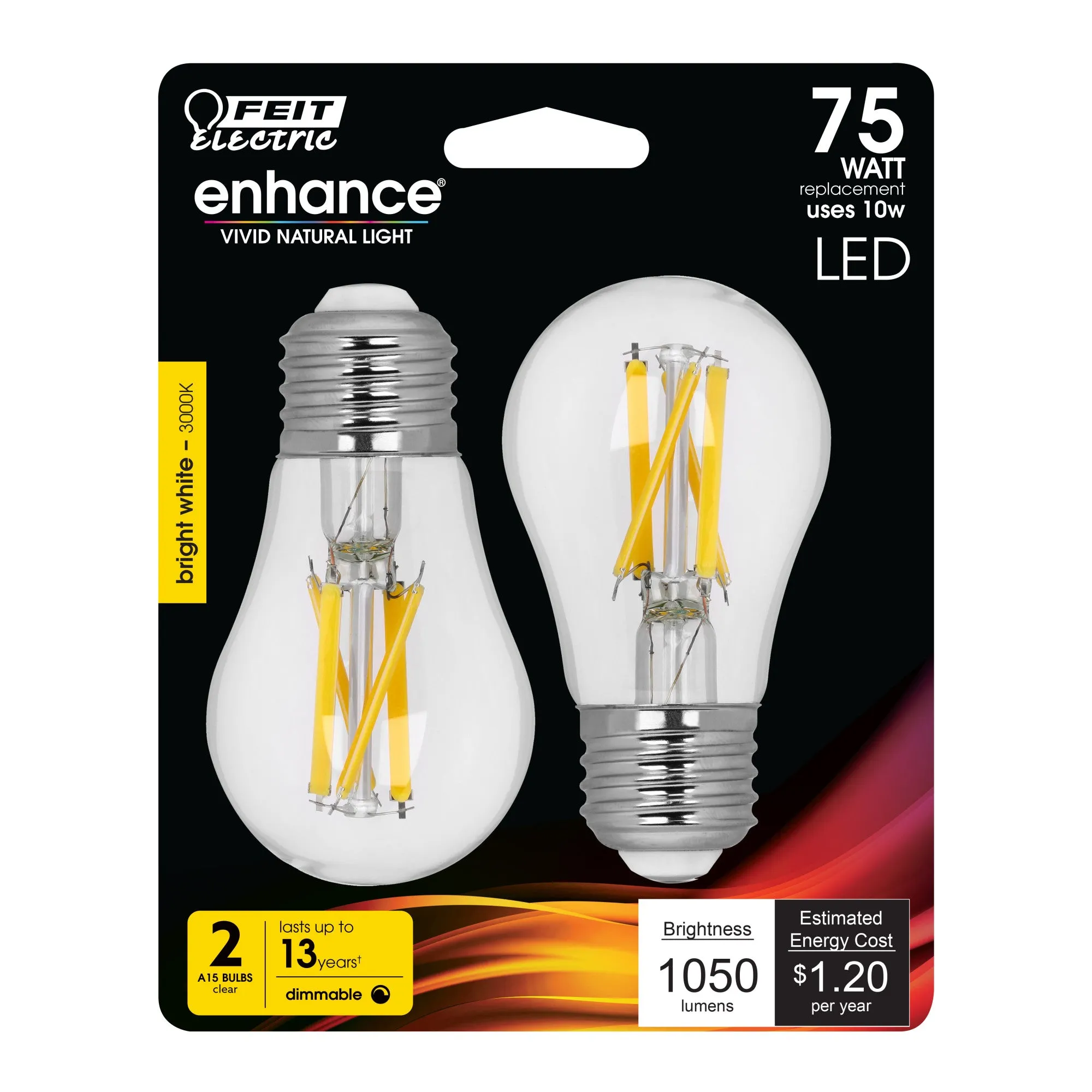 10W (75W Replacement) Bright White (3000K) E26 Base A15 Dimmable Enhance Filament LED Bulb (2-Pack)