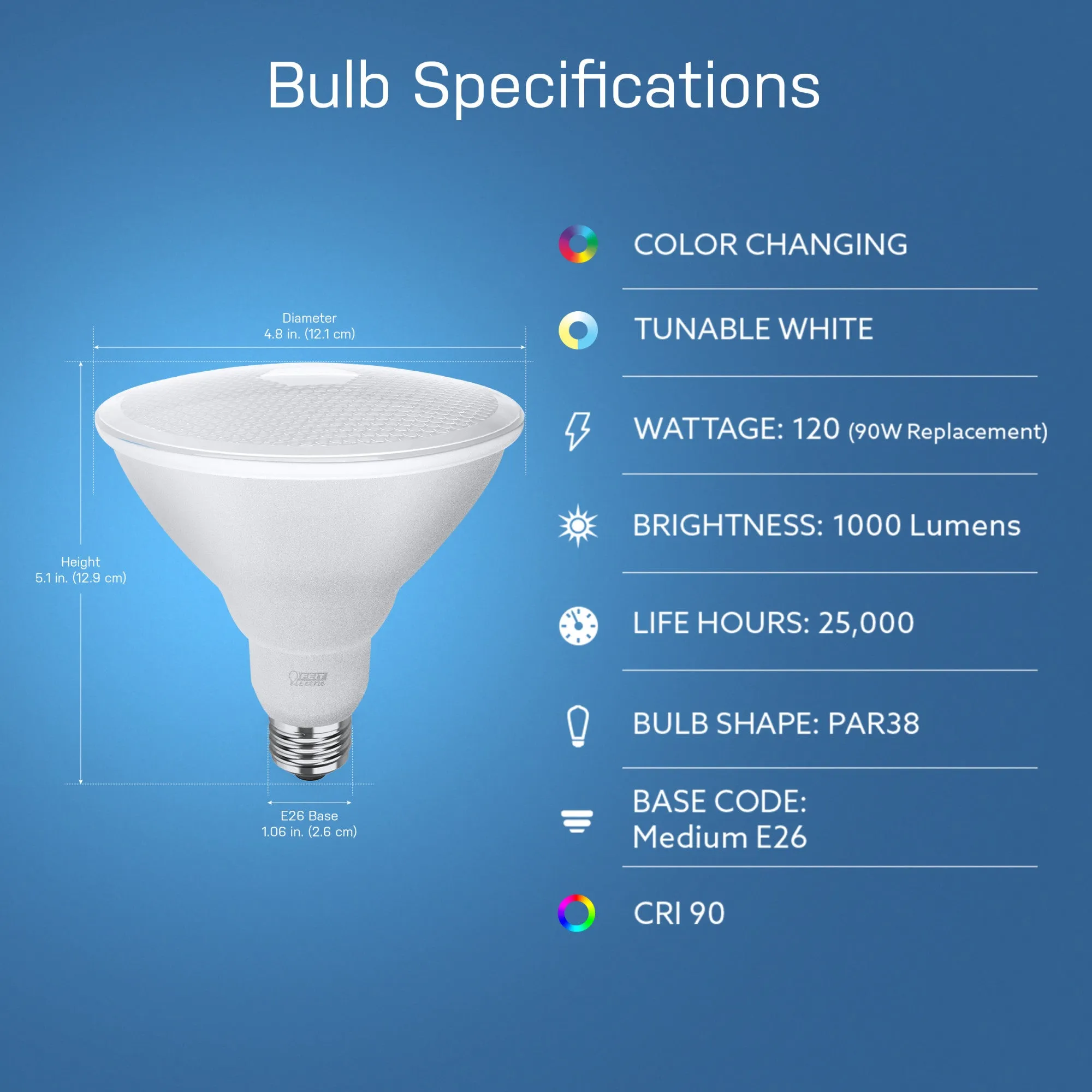 11.1W (90W Replacement) RGBW PAR38 E26 Base Dimmable Alexa Google Smart Wi-Fi Light Bulb