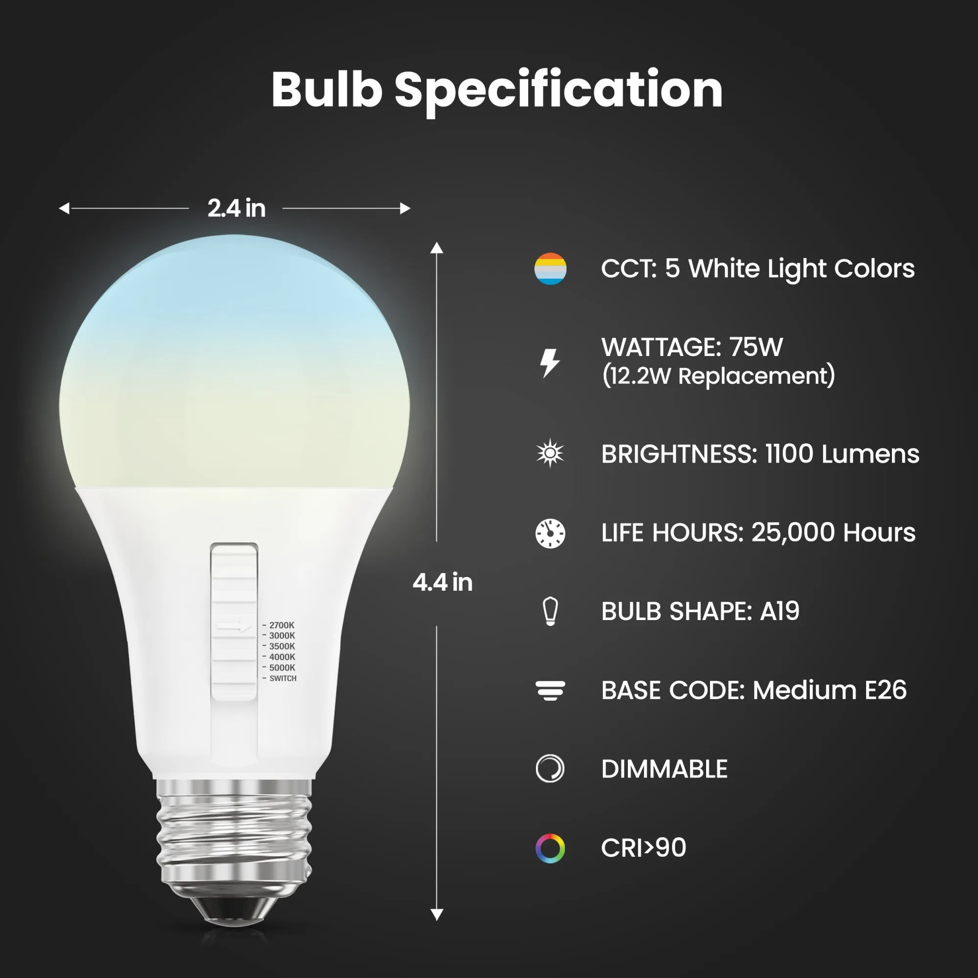 12.2W (75W Replacement) Adjustable White E26 Base A19 Dimmable LED Bulb (2-Pack)