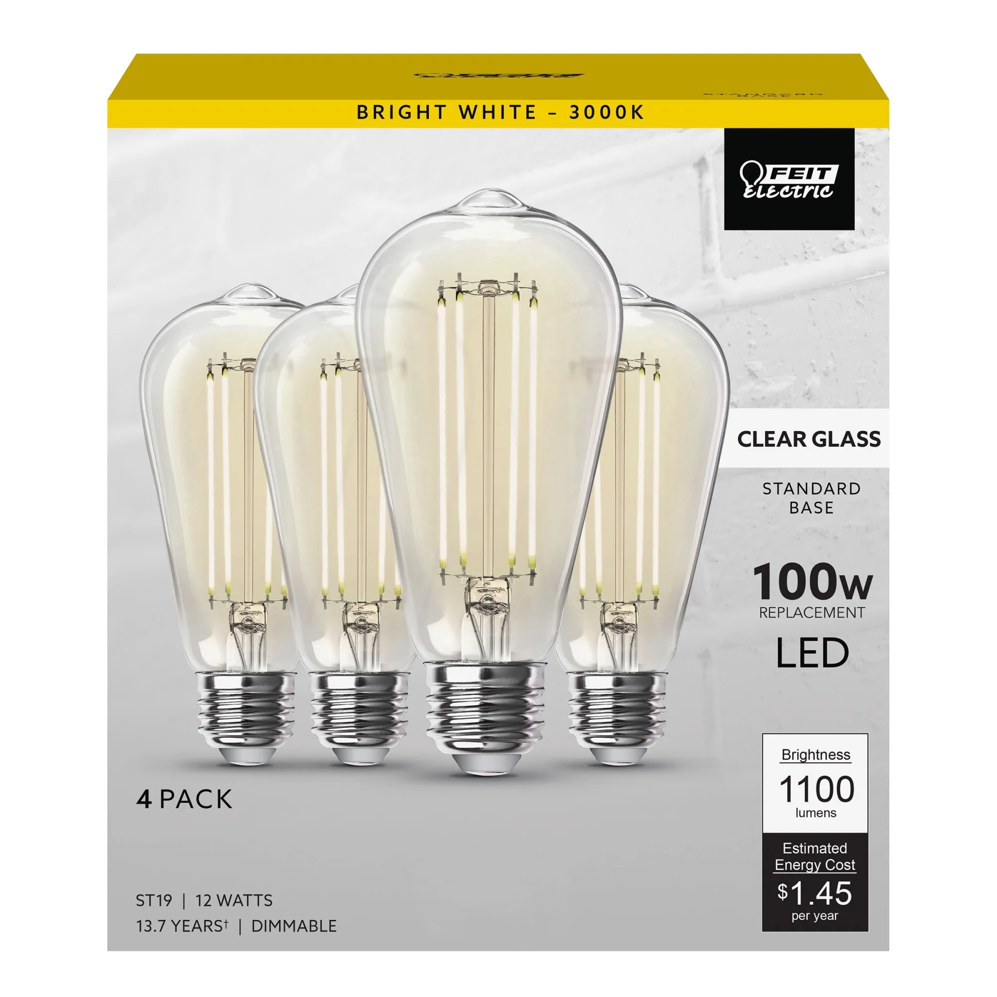 12W (100W Replacement) ST19 E26 Dimmable Straight Filament Clear Glass Vintage Edison LED Light Bulb, Bright White (4-Pack)