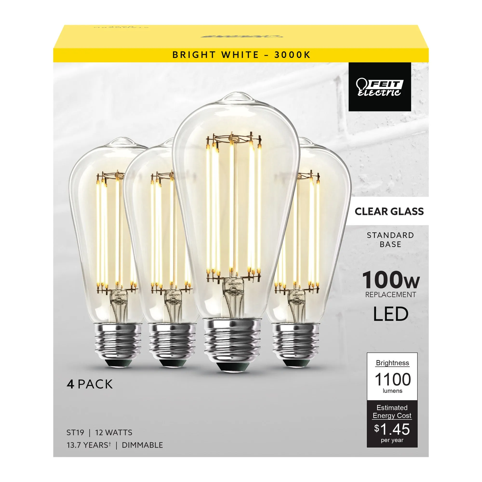 12W (100W Replacement) ST19 E26 Dimmable Straight Filament Clear Glass Vintage Edison LED Light Bulb, Bright White (4-Pack)