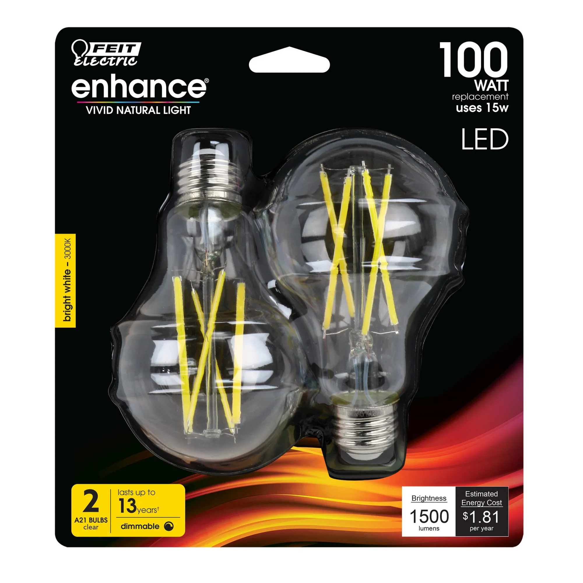 15W (100W Replacement) Bright White (3000K) A21 (E26 Base) Clear Filament LED (2-Pack)