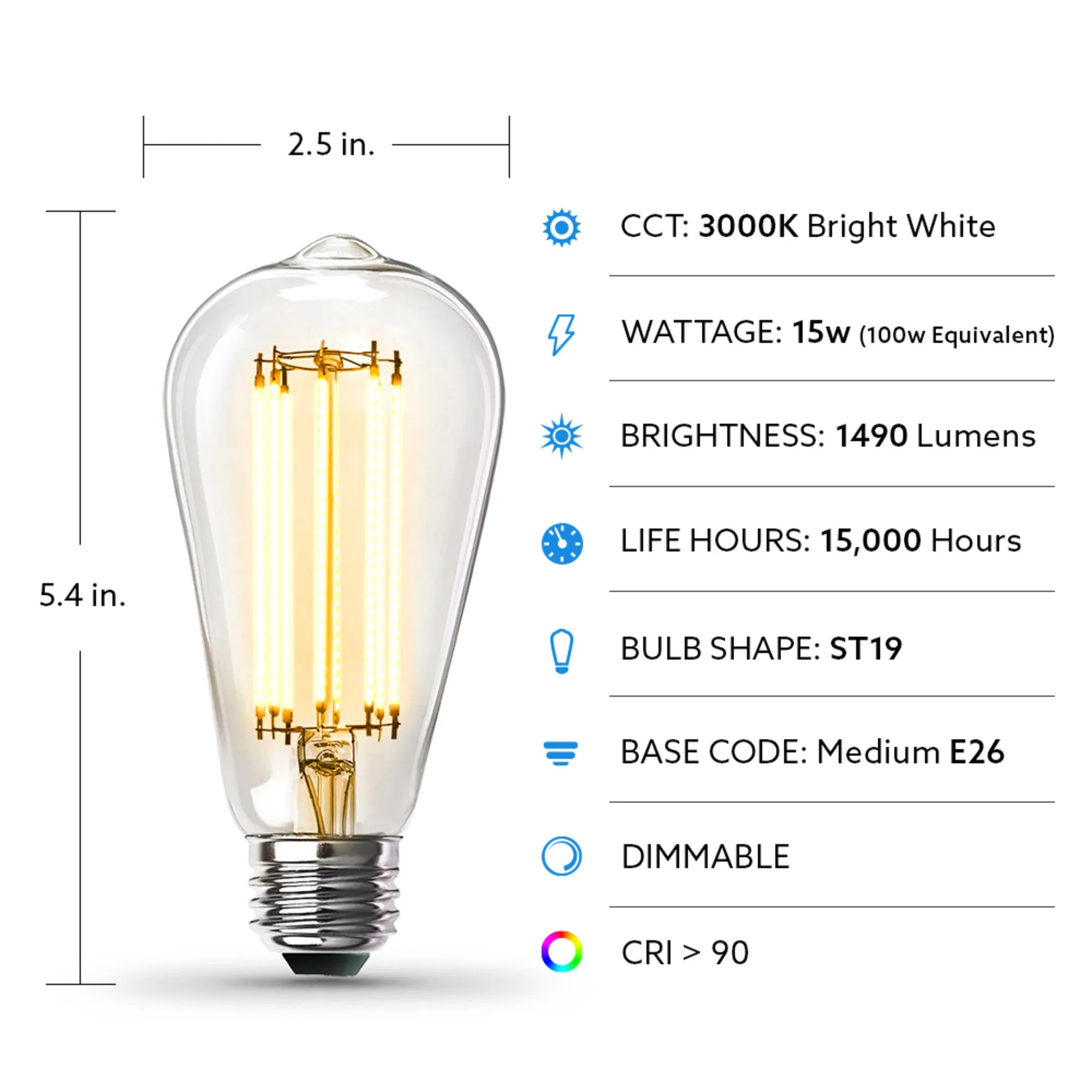 15W (100W Replacement) ST19 E26 Dimmable Straight Filament Clear Glass Vintage Edison LED Light Bulb, Bright White