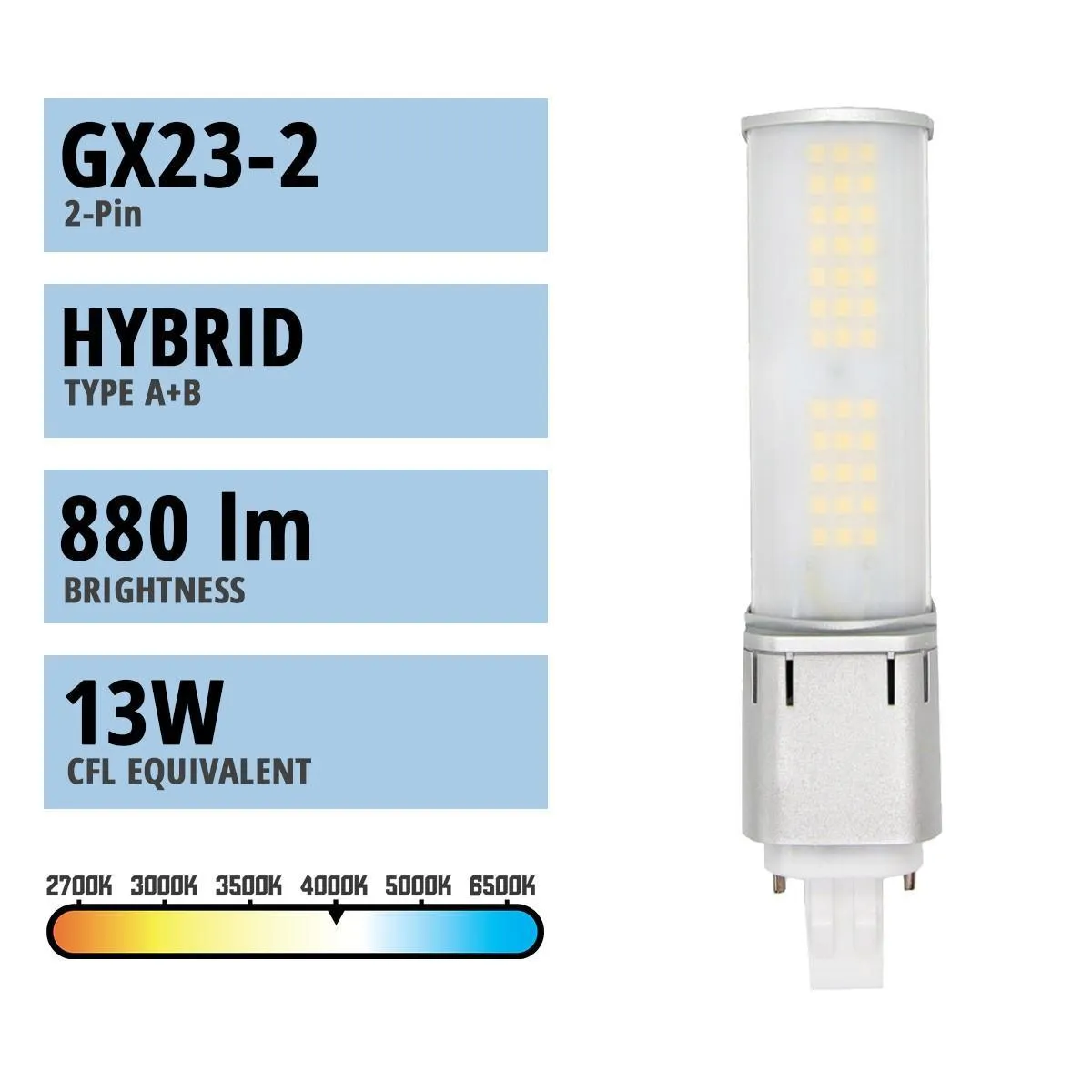 2 pin PL LED Bulb, 7W, 880lm, 4000K, Horizontal, 13W CFL Equal, GX23-2 Base, Direct Or Bypass