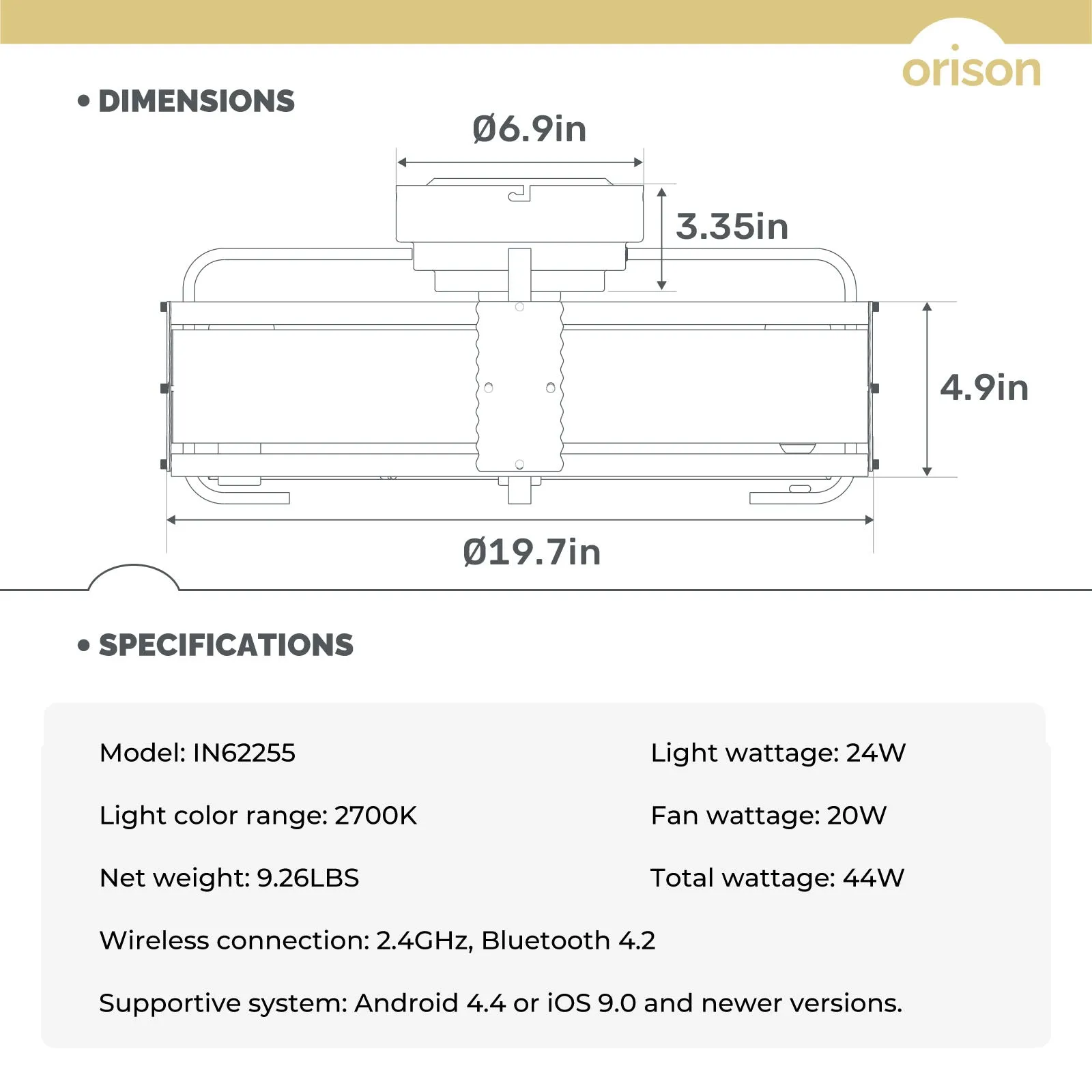 20" Orison Low Profile Fandelier Ceiling Fan With Light Fixture