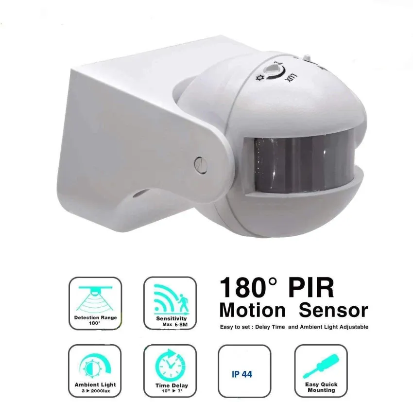 220VAC 180 Degree Wall Mounted PIR Motion Sensor With Adjustable Light Sensitivity and Time Delay