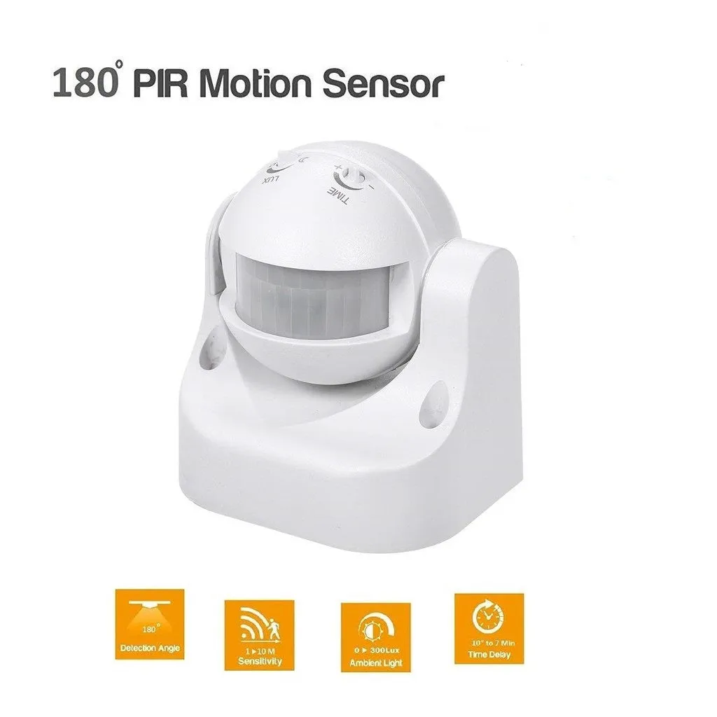 220VAC 180 Degree Wall Mounted PIR Motion Sensor With Adjustable Light Sensitivity and Time Delay