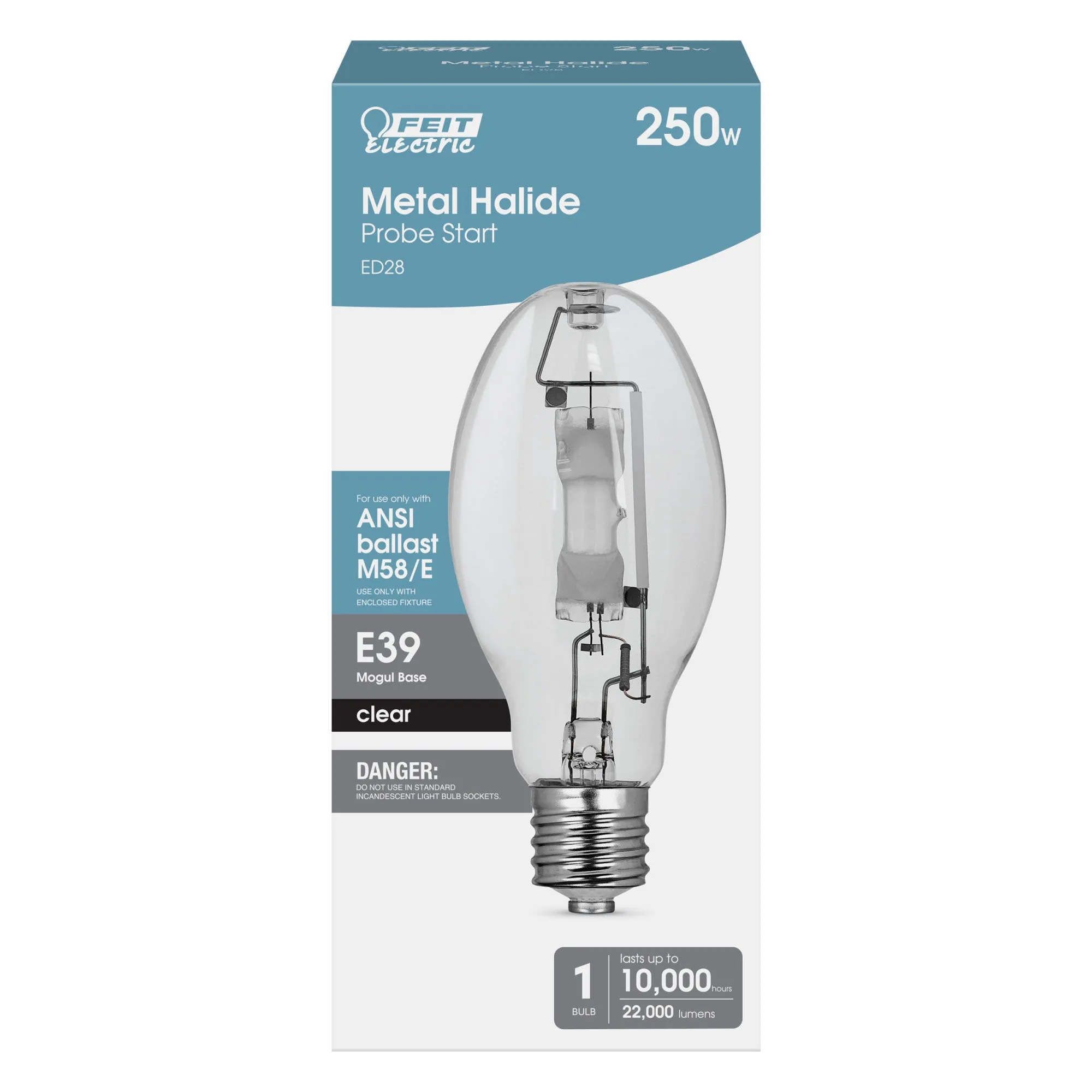 250W Cool White (4000K) ED28 Shape E39 Mogul Base Clear Metal Halide High Intensity Discharge HID Light Bulb