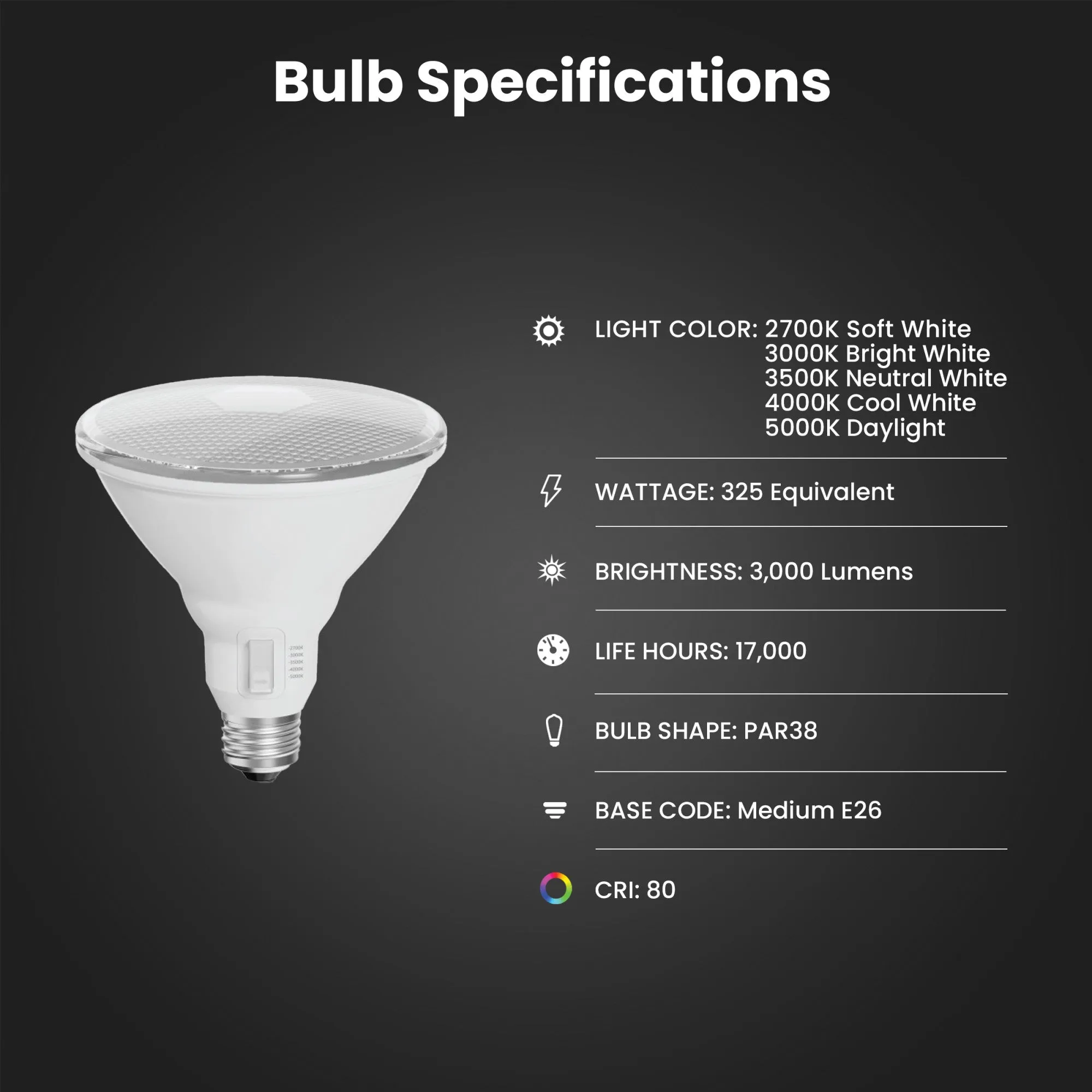 33.3W (325W Replacement) Adjustable White E26 Base PAR38 Dimmable LED Bulb