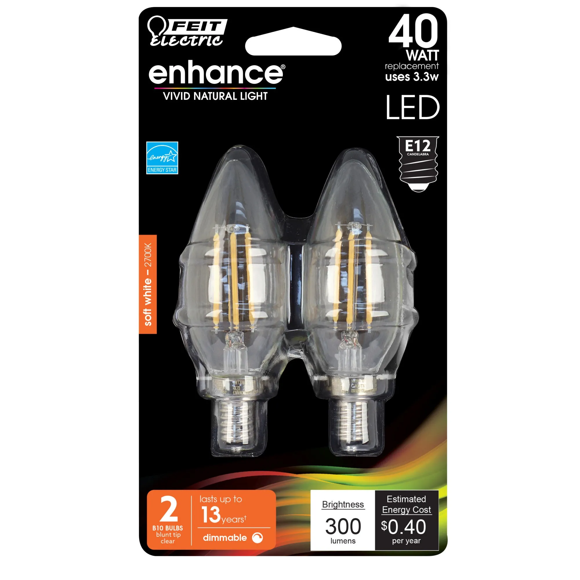 3.3W (40W Replacement) Soft White (2700K) E12 Base B10 Dimmable Clear Decorative LED Filament Enhance Light Bulbs (2-Pack)