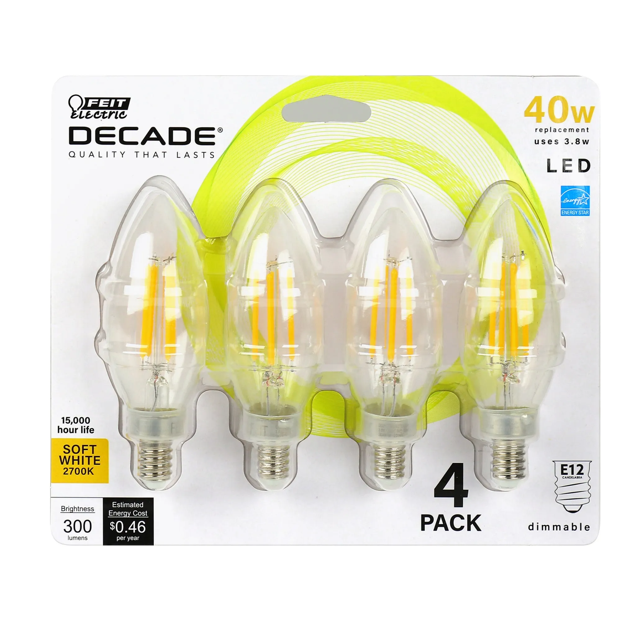 3.8W (40W Replacement) Soft White (2700K) B10 (E12 Base) Torpedo Tip Filament LED Light Bulb (4-Pack)