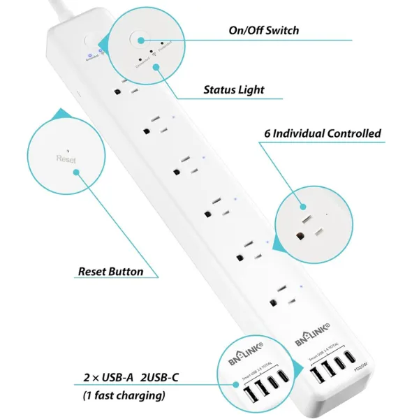 6 Outlets Smart Wifi Power Strip Compatible with Alexa Google Home Surge Protector BN-LINK