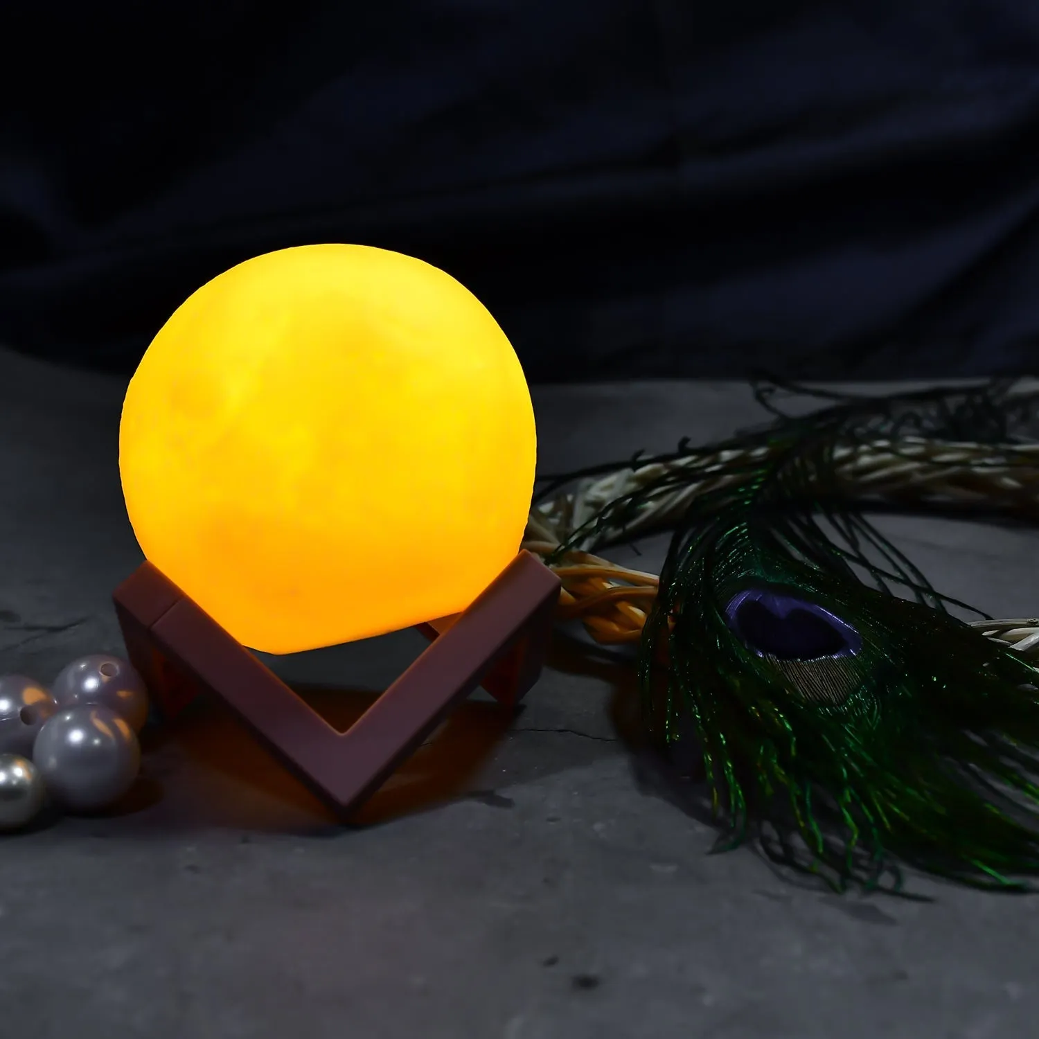 6273 Moon Night Lamp Yellow Colors Changing Touch Sensor with Wooden Stand Night Lamp for Bedroom