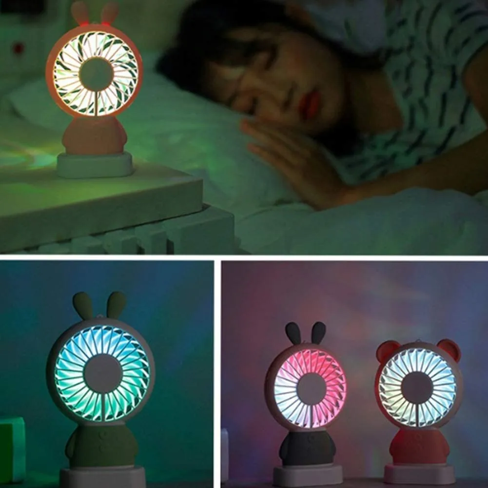 7632 MINI PORTABLE FAN USB RECHARGEABLE HANDHELD BEAR STYLE COLOR CHANGING LED LIGHT POCKET DESK LIGHT FAN (Battery Not Include)