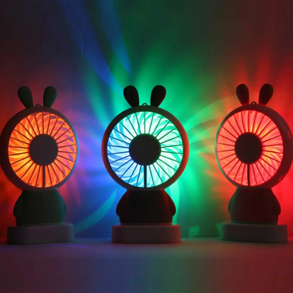 7633 Mini Portable Fan USB Rechargeable Handheld Rabbit Style Color Changing LED Light Pocket Desk Light Fan (Battery Not Include)