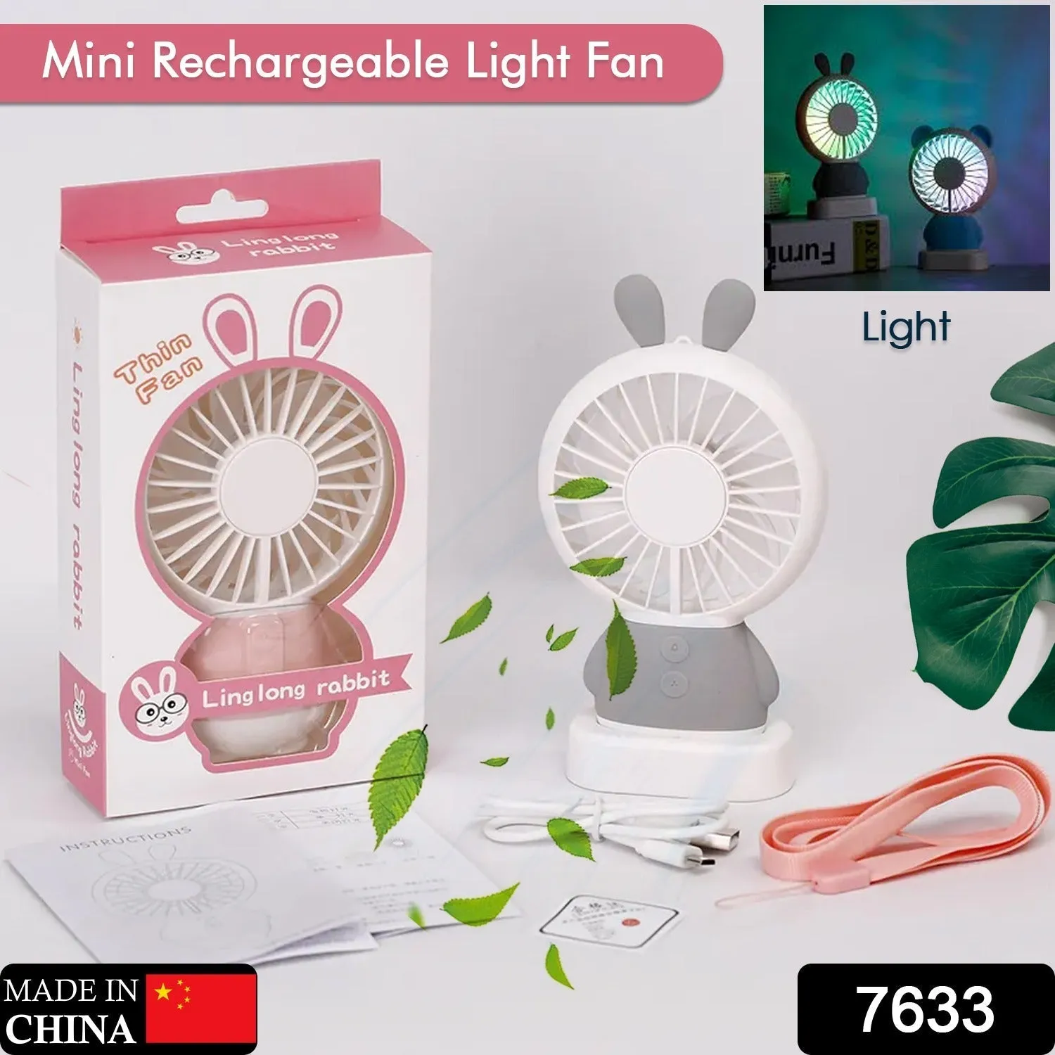 7633 Mini Portable Fan USB Rechargeable Handheld Rabbit Style Color Changing LED Light Pocket Desk Light Fan (Battery Not Include)