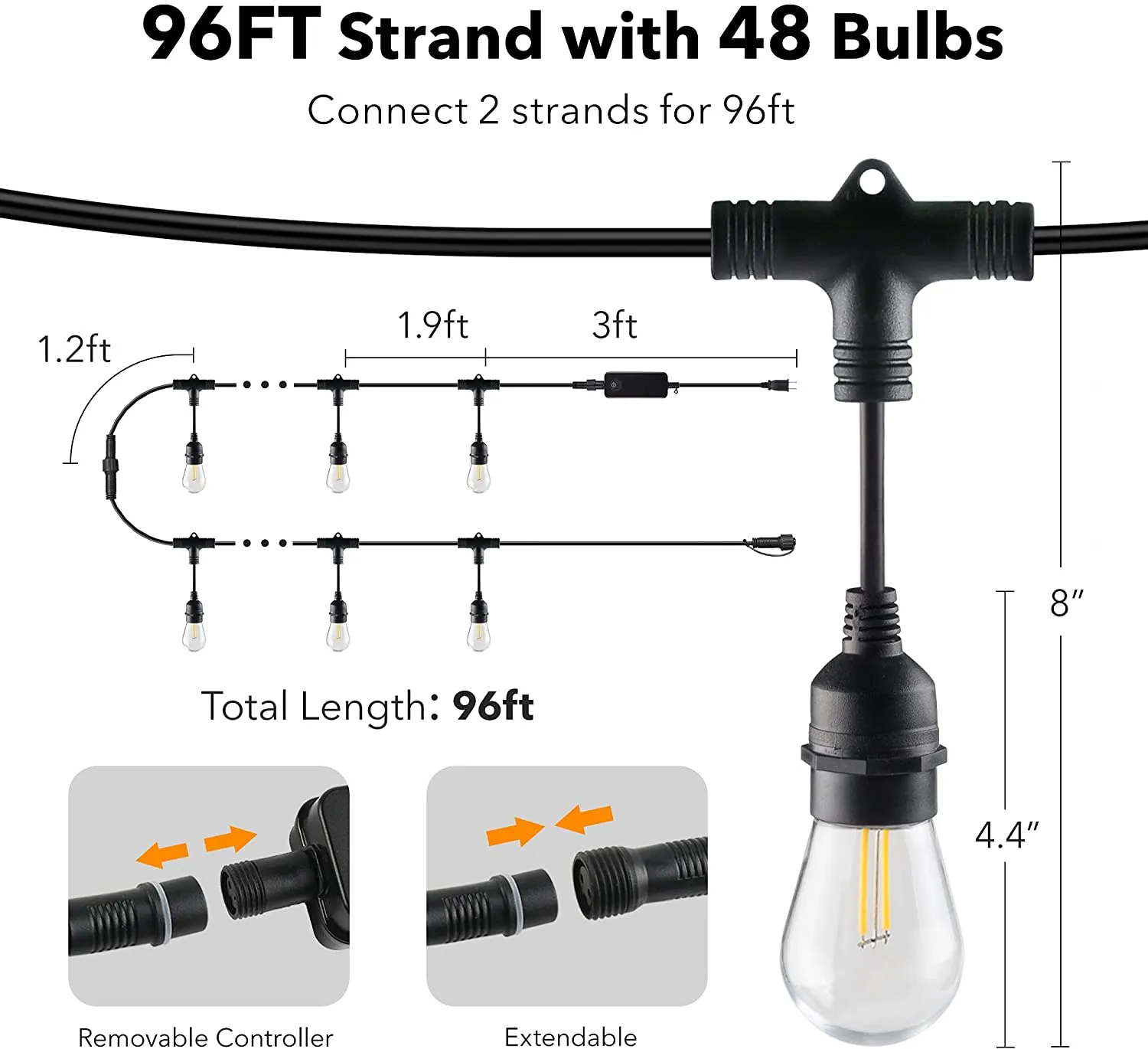 96ft Smart Outdoor String Lights 30 LED Bulbs Dimmable & Shatterproof HBN