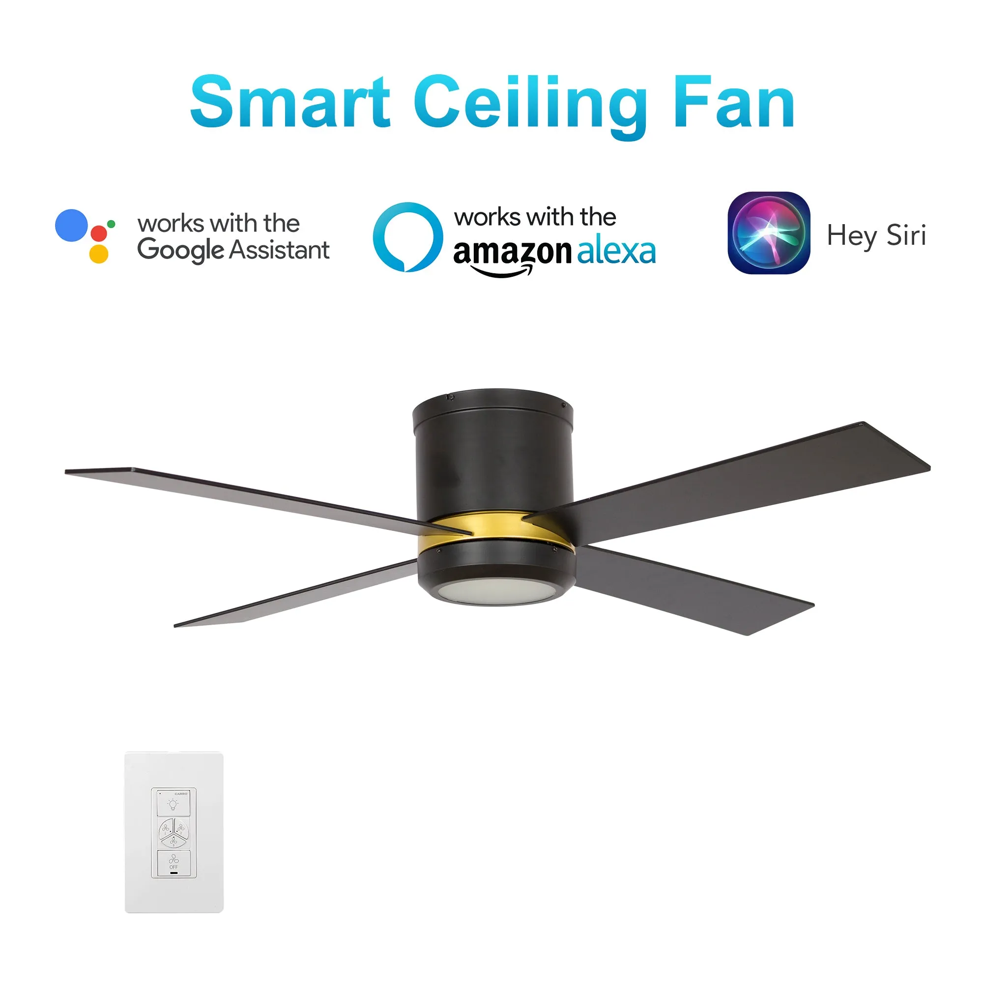 ARLINGTON 52 inch 4-Blade Flush Mount Smart Ceiling Fan with LED Light Kit & Wall Switch - Gold/Black