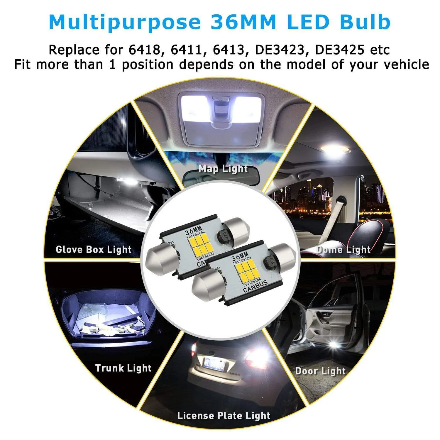 AUXITO 36MM/6411/6418 led bulb Interior Car Lights, Canbus Error Free Festoon LED Bulbs 3020 Chipsets for License Plate Dome Map Door Lights Xenon White