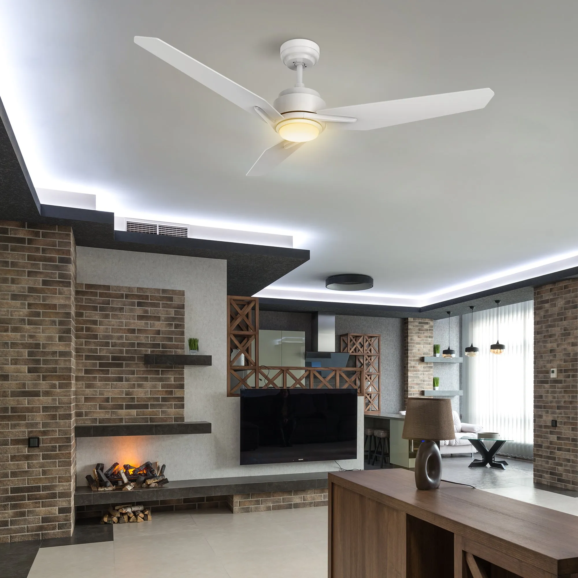 CALEN 48 inch 3-Blade Smart Ceiling Fan with LED Light Kit & Remote Control- White/White