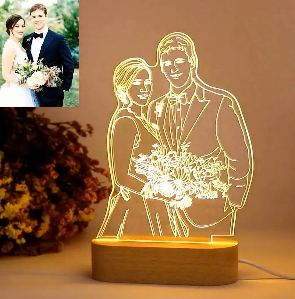 Custom Any Shape 3D Acrylic Lamp Picture Night Light With Engraved Wooden Base