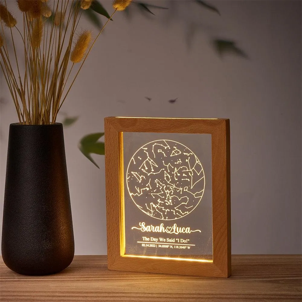 Custom Engraved Star Map Print Constellation Print Night Light With Wood Frame