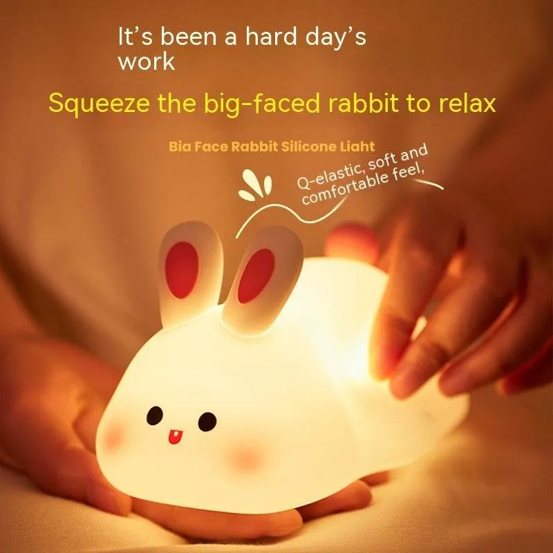 Cute LED Rechargeable Night Light Touch Sensor Cartoon Kid's Nightlights Big Face Rabbit Silicone Night Light Christmas Gift Bedside Lamp Home Decor