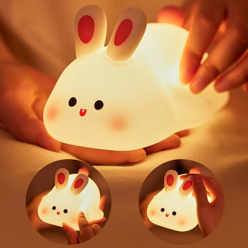 Cute LED Rechargeable Night Light Touch Sensor Cartoon Kid's Nightlights Big Face Rabbit Silicone Night Light Christmas Gift Bedside Lamp Home Decor