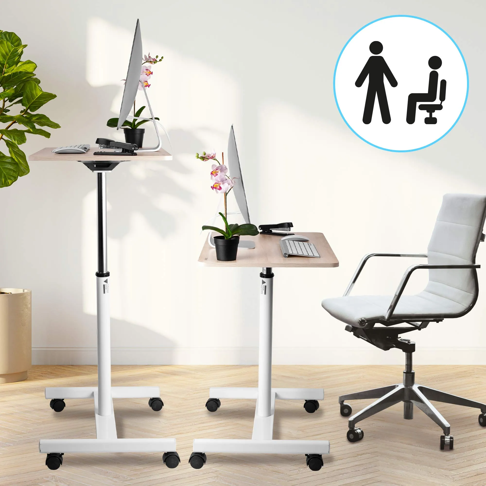 Duronic Sit-Stand Desk WPS67 | Brown/White Ergonomic Desk | Multi-Use Video Projector Table on Wheels | 70x48cm Platform | Portable | Adjustable Height | 30kg Capacity | For Home/Office/Workspace