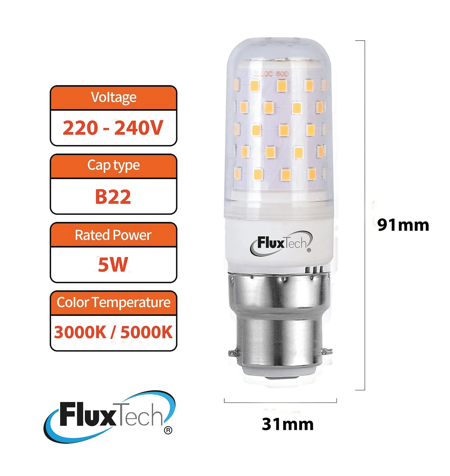 FluxTech – 5W Bayonet Cap LED Corn Bulb