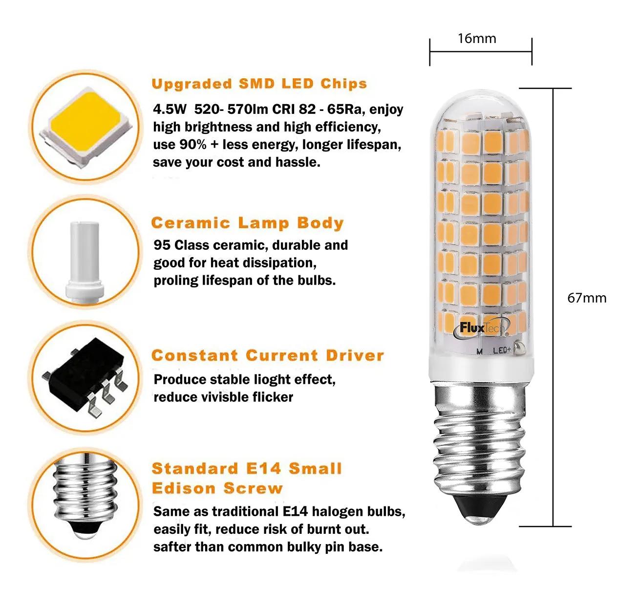 FluxTech – E14 LED Mini Corn Bulb - 4.5W Dimmable & 4W Non-dimmable