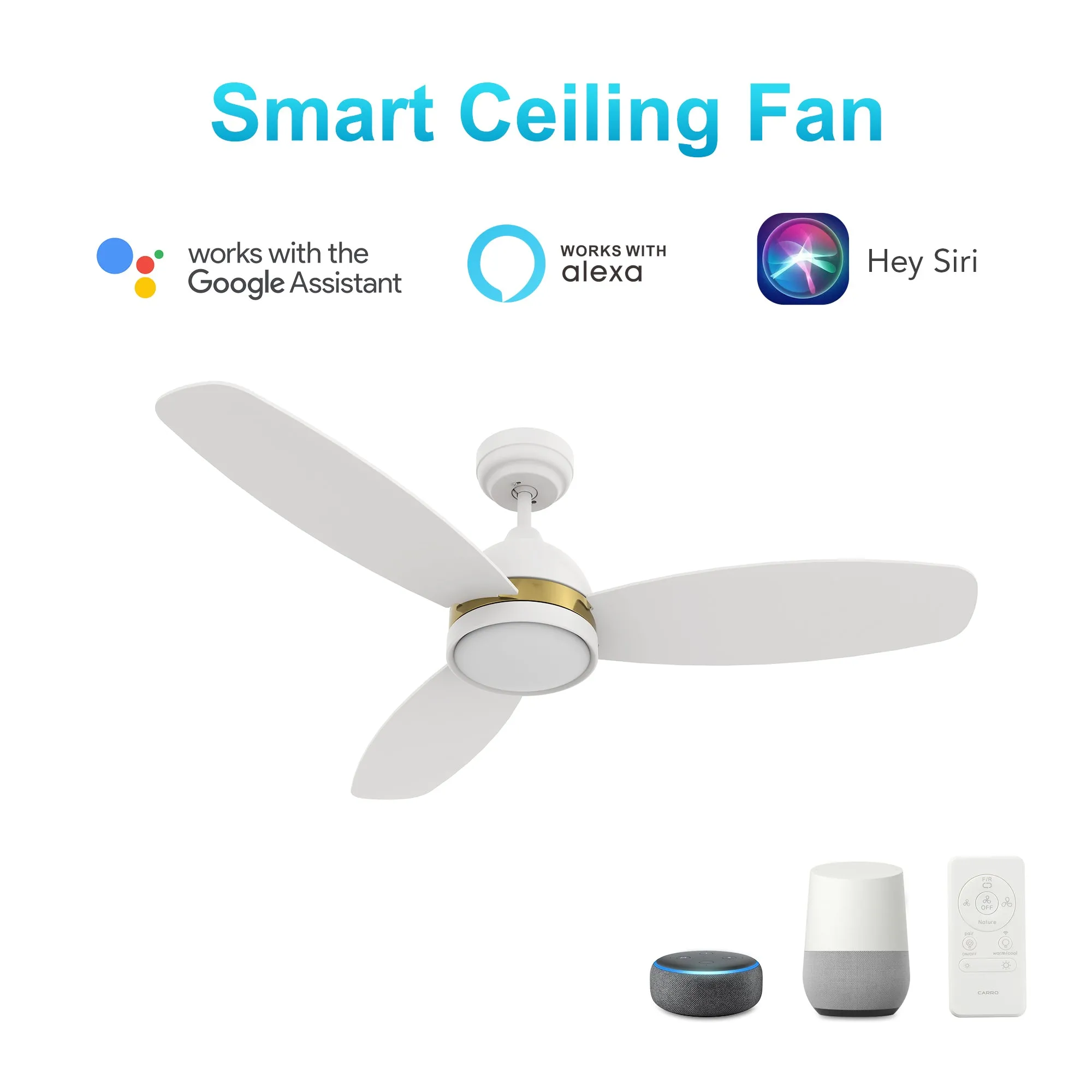 FREMONT 48 inch 3-Blade Smart Ceiling Fan with LED Light Kit & Remote- White/White