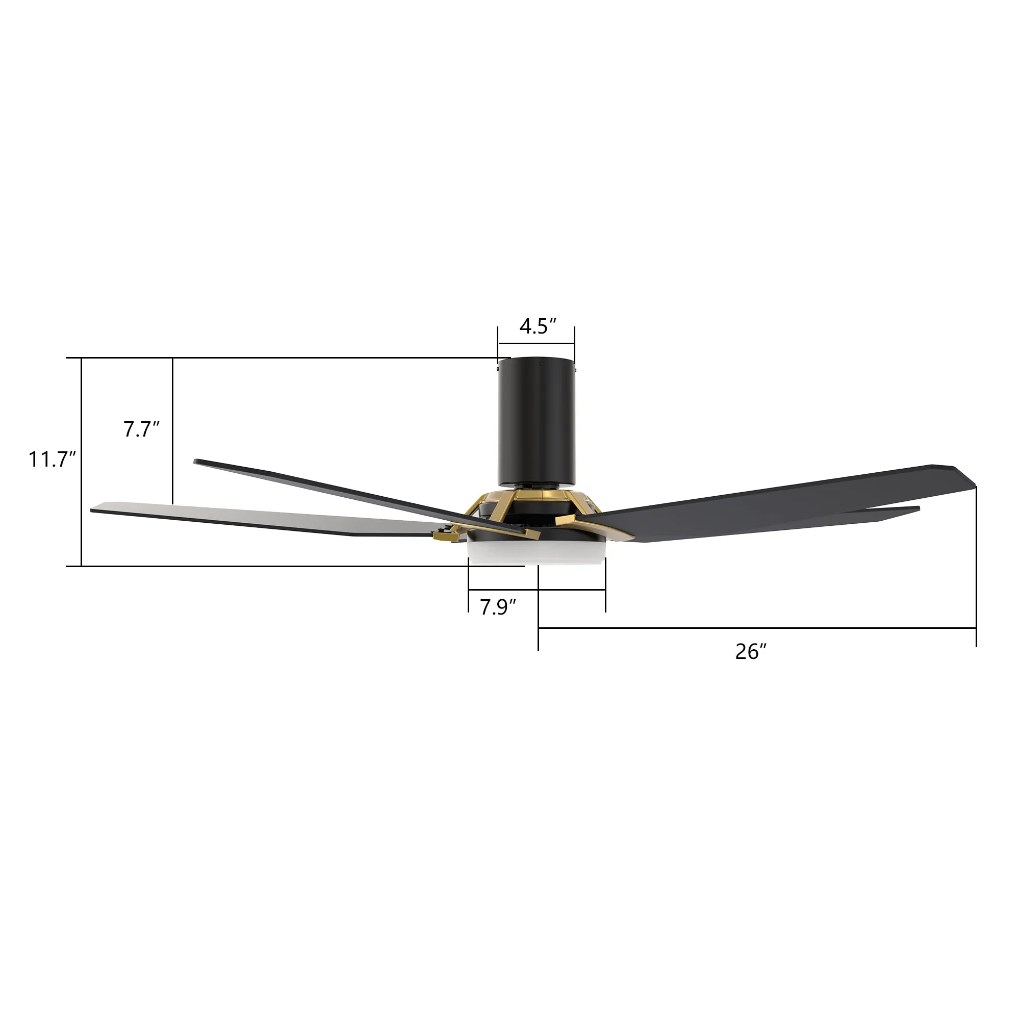 KAJ 52 inch 5-Blade Flush Mount Smart Ceiling Fan with LED Light Kit & Remote - Black/Black (Gold Detail)