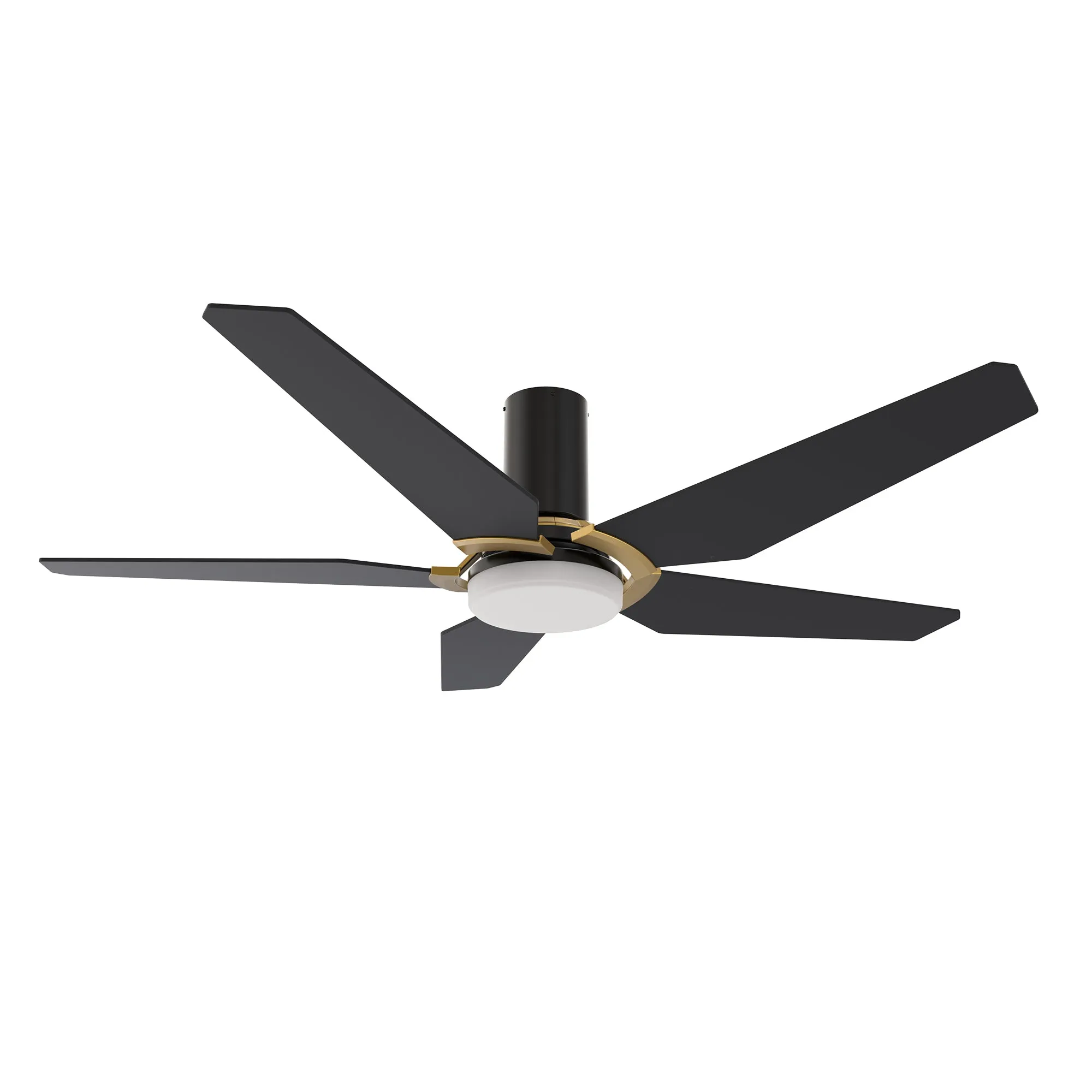 KAJ 52 inch 5-Blade Flush Mount Smart Ceiling Fan with LED Light Kit & Remote - Black/Black (Gold Detail)