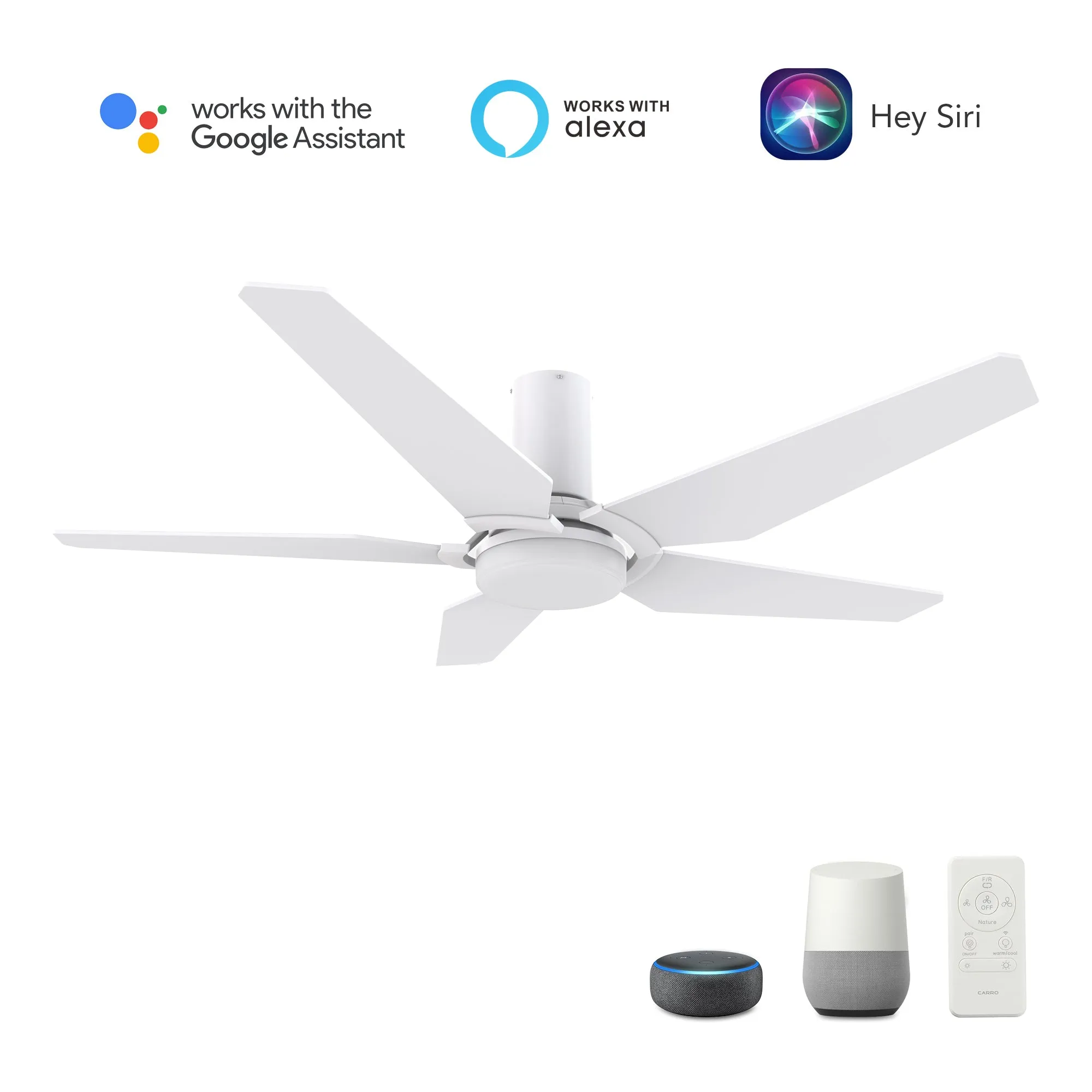 KAJ 52 inch 5-Blade Flush Mount Smart Ceiling Fan with LED Light Kit & Remote - White/White