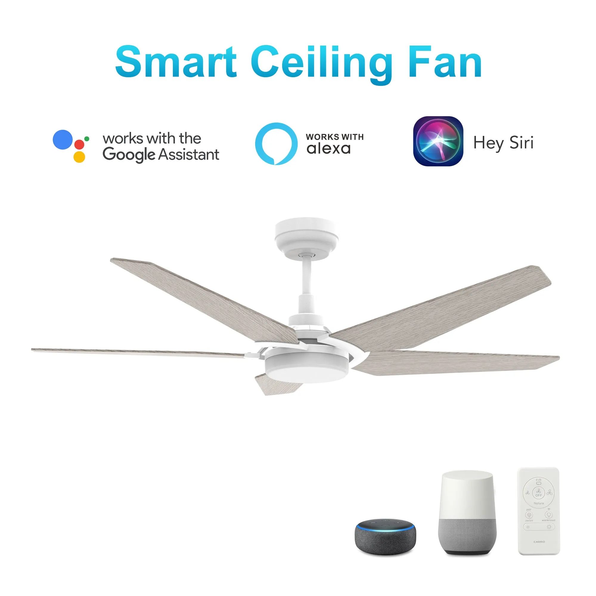 KAJ 52 inch 5-Blade Smart Ceiling Fan with LED Light Kit & Remote - White/Light Wood