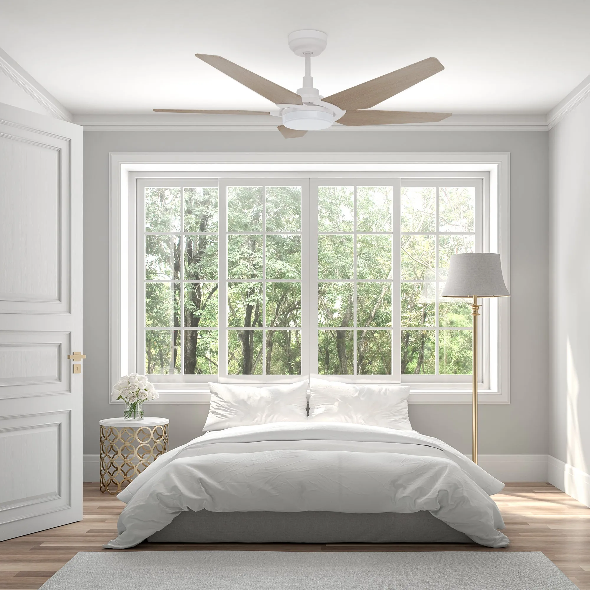 KAJ 52 inch 5-Blade Smart Ceiling Fan with LED Light Kit & Remote - White/Light Wood