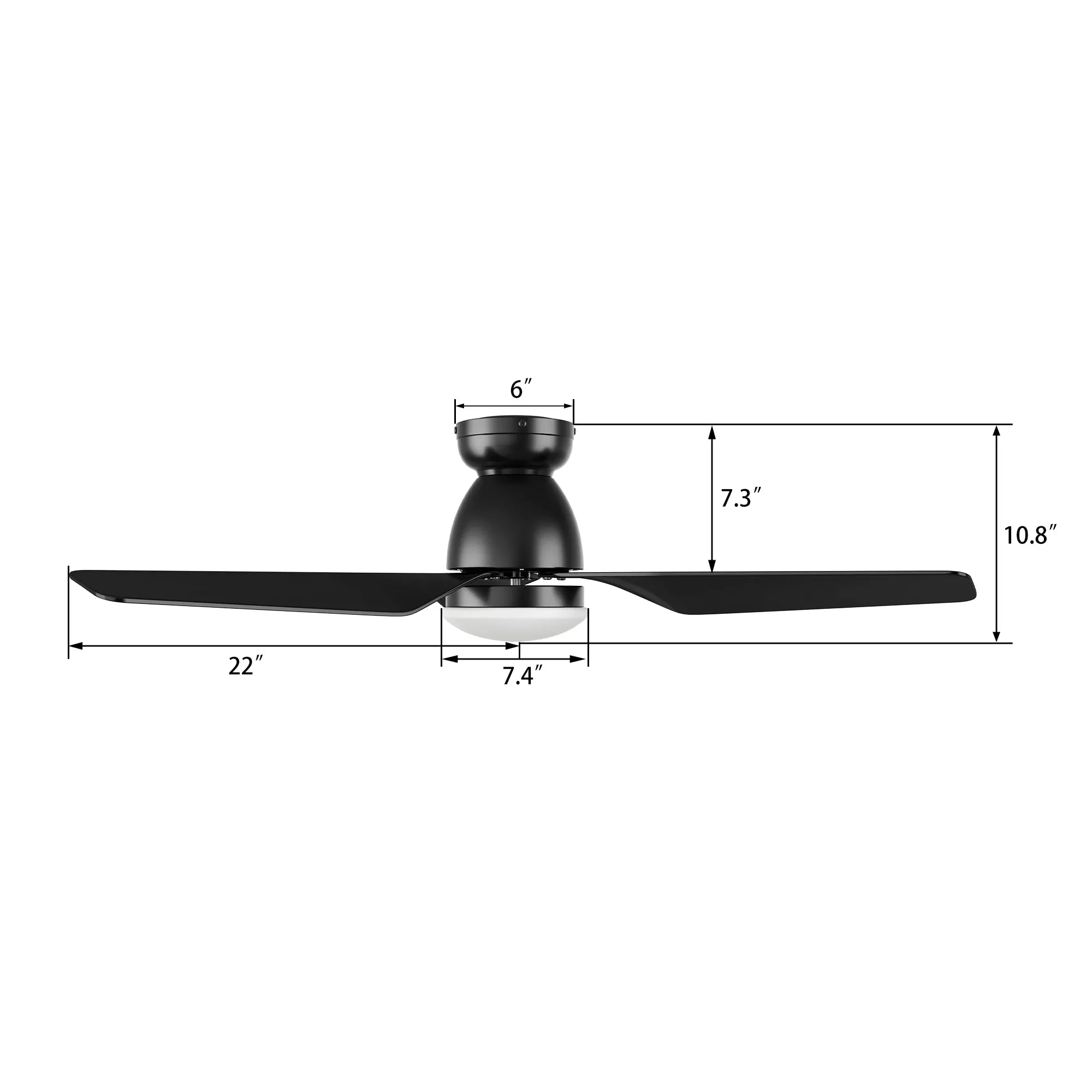 KENSEE 44 inch 3-Blade Flush Mount Smart Ceiling Fan with LED Light Kit & Remote - Black/Black