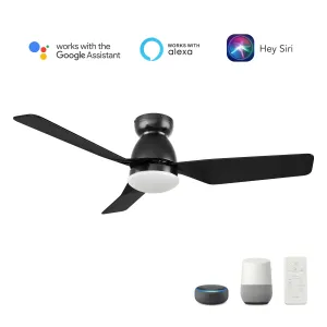 KENSEE 44 inch 3-Blade Flush Mount Smart Ceiling Fan with LED Light Kit & Remote - Black/Black