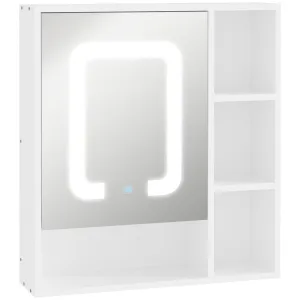 kleankin LED Illuminated Bathroom Mirror Cabinet, Wall-mounted Storage Organizer with Four Open Shelves, Dimmable Touch Switch, White