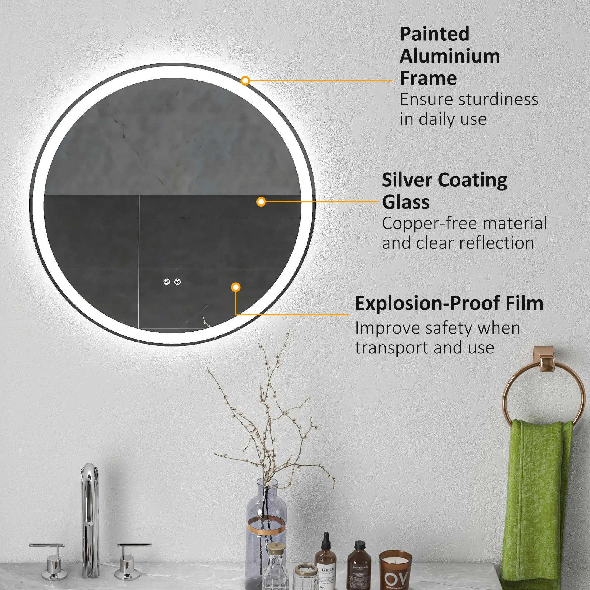 Kleankin Round Bathroom Mirror with LED Lights, 3 Temperature Colours, Defogging Film, Aluminium Frame, Hardwired, 60 x 60 cm