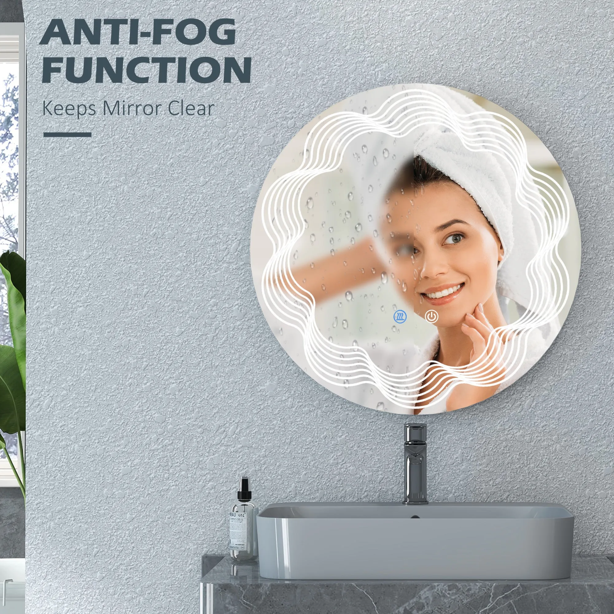 kleankin Round Illuminated Bathroom Mirrors w/ LED Dimming Lighted , Wall Mounted Vanity Mirror w/ 3 Colour, Smart Touch, Anti-Fog, 60cm