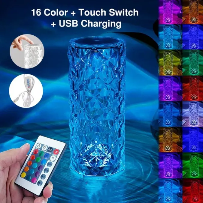 LED Crystal Rose Glass Night Light Table Lamp