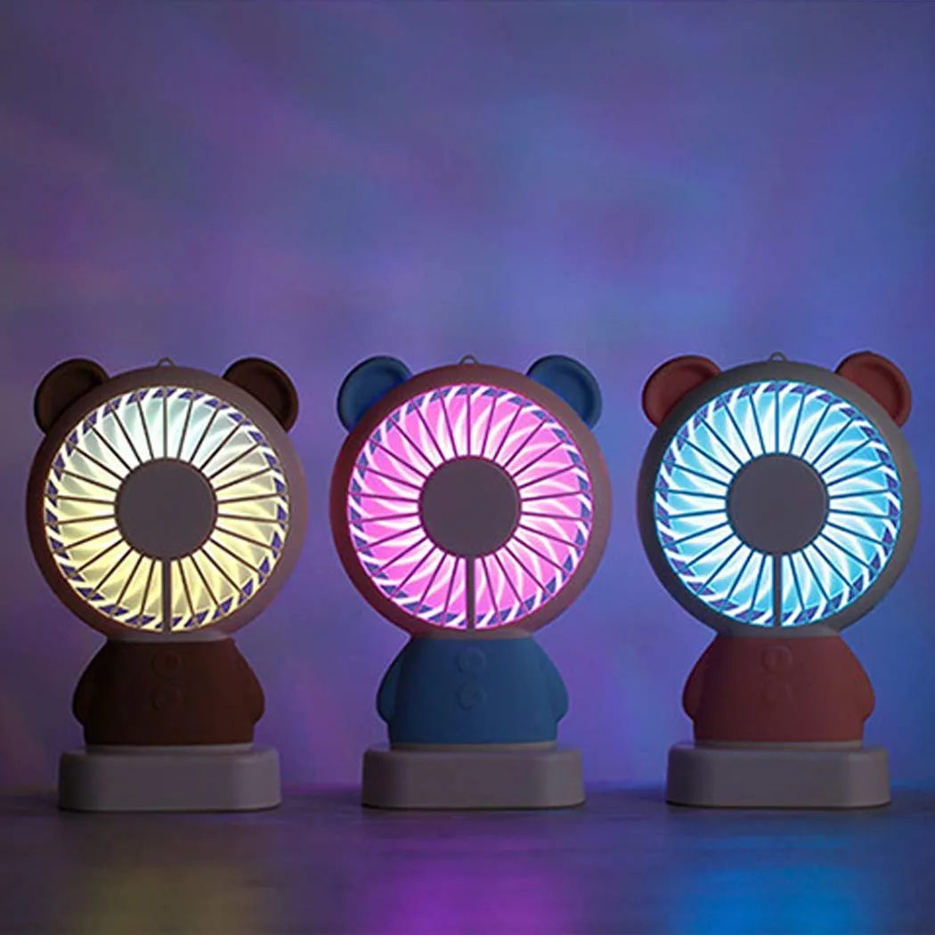 MINI PORTABLE FAN USB RECHARGEABLE HANDHELD BEAR STYLE COLOR CHANGING LED LIGHT POCKET DESK LIGHT FAN (Battery Not Include)