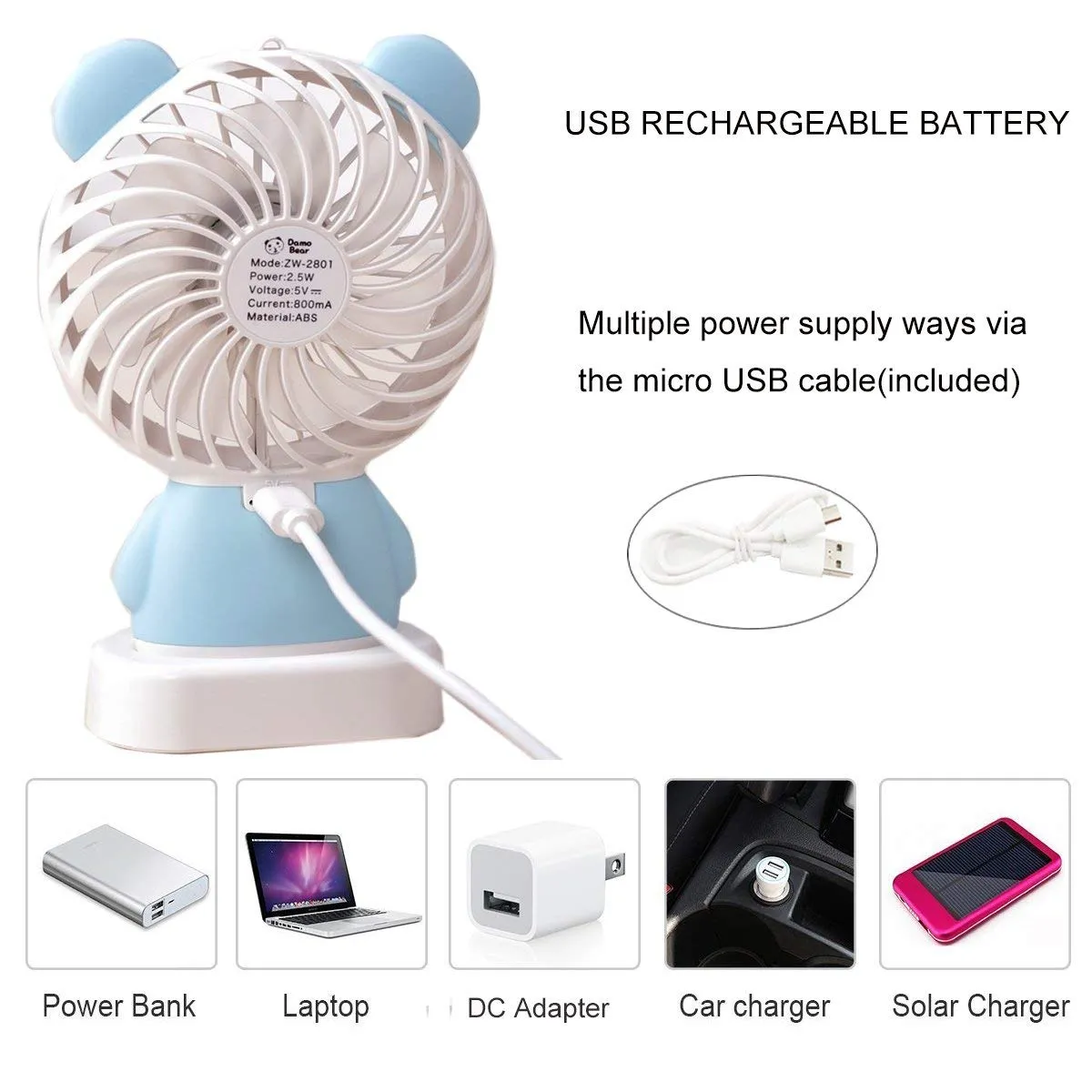 MINI PORTABLE FAN USB RECHARGEABLE HANDHELD BEAR STYLE COLOR CHANGING LED LIGHT POCKET DESK LIGHT FAN (Battery Not Include)