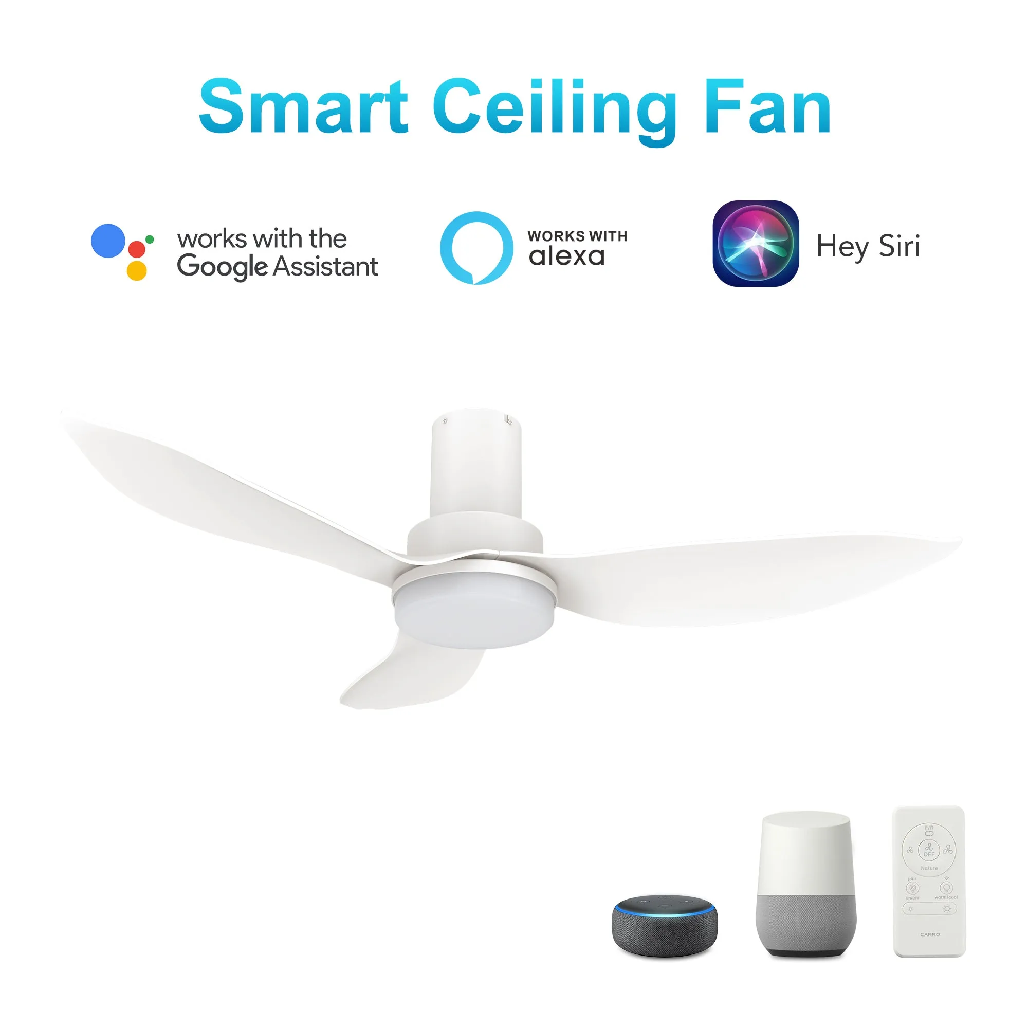 RYNA 36 inch 3-Blade Flush Mount Smart Ceiling Fan with LED Light Kit & Remote- White/White