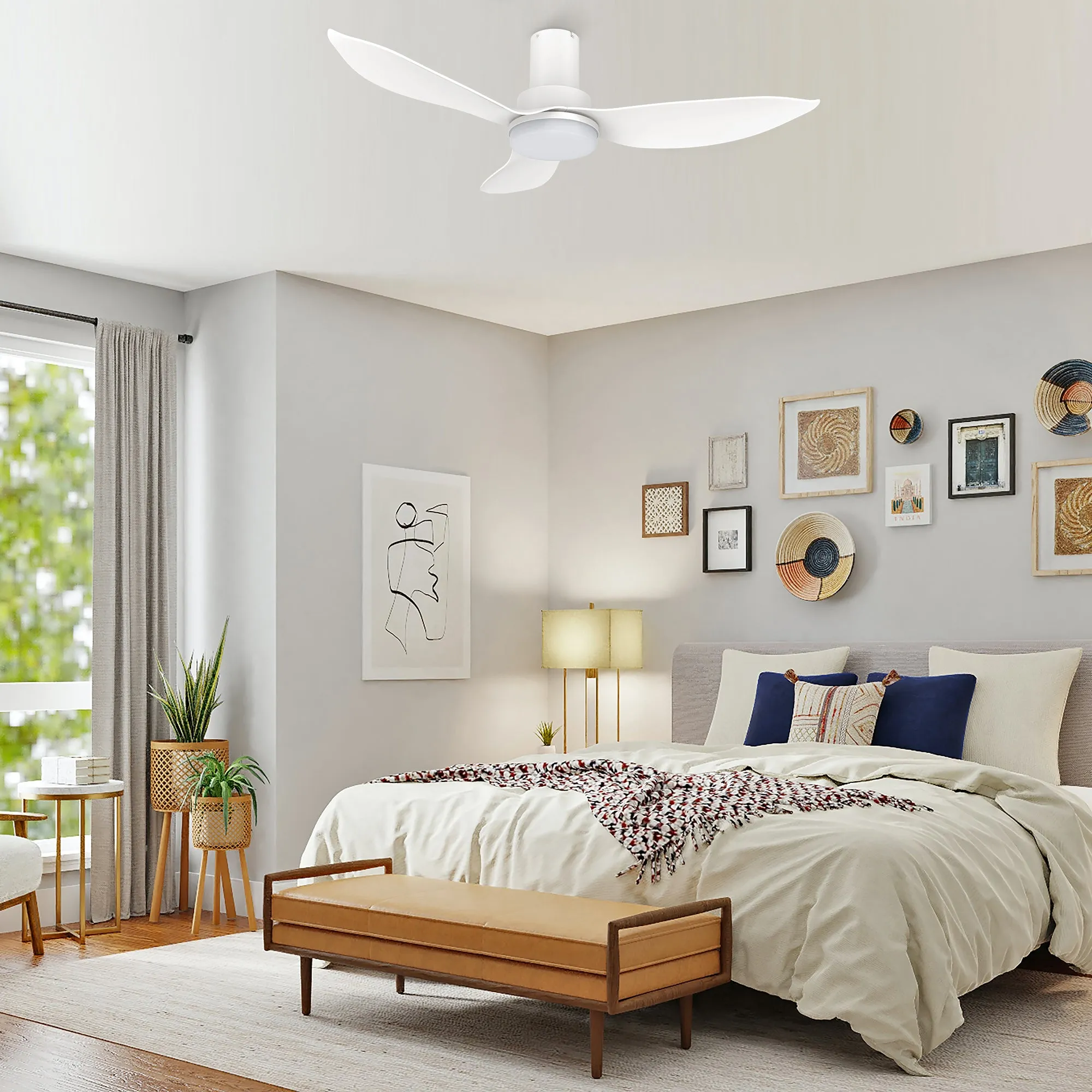 RYNA 36 inch 3-Blade Flush Mount Smart Ceiling Fan with LED Light Kit & Remote- White/White