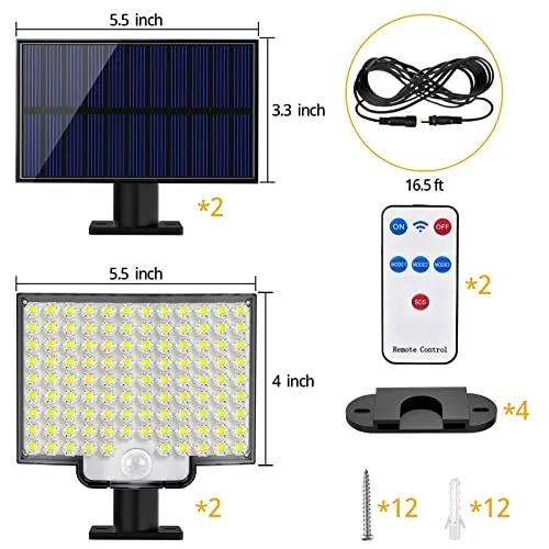 Solar Lights Outdoor, 106 LED 3000LM Solar Powered Motion Sensor Flood Lights with Remote, Dusk to Dawn Led Solar Security Wall Lights with 16.5Ft Cable IP65 Waterproof for Outside, Garage, 2 Pack